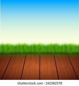 Vector wooden floor with grass, sky. Summer background