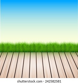 Vector wooden floor with grass, sky. Summer background