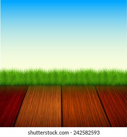 Vector wooden floor with grass, sky. Summer background