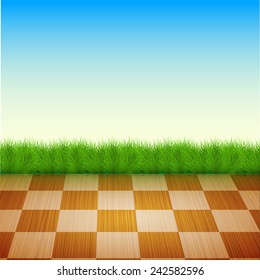 Vector wooden floor with grass, sky. Summer background
