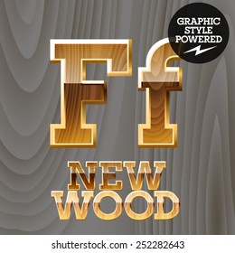 Vector wooden font with golden border. Letter F