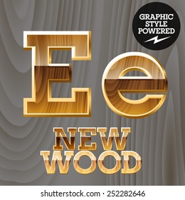 Vector wooden font with golden border. Letter E