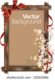Vector wooden frame with  beautiful bouquet flowers and ribbon
