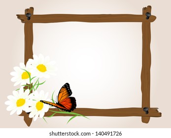 Vector Wooden Frame With Butterfly And Cammomile