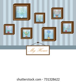 vector of wooden frame with flowerpot on blue wall