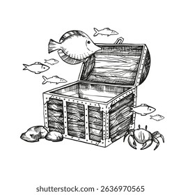 vector wooden full treasure chest with lid open, hand drawn box with coins, gold, jewels at bottom of sea, pirate loot, crab, fishes, black and white sketch, adventure, history monochrome illustration