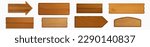Vector wooden game signboard texture banner set. Wood material plank frame ui label on transparent background. Rustic blank arrow element and sign board for advertising or button design collection.