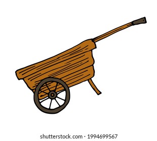 Vector wooden GARDEN WHEELBARROW in brown color. drawn in sketch style isolated piece of garden equipment wooden wheelbarrow on wheels on spokes side view with black outline on white background 