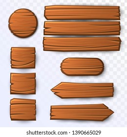 Vector wooden guidepost, round, square, rectangle and oval panels on transparent background. Two wooden arrows