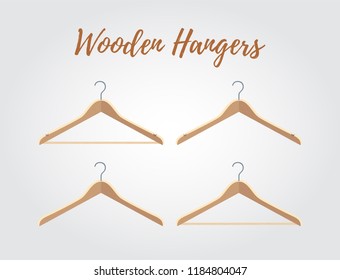 Vector wooden hanger collection for different clothes. Device for hanging shirts, trousers.
