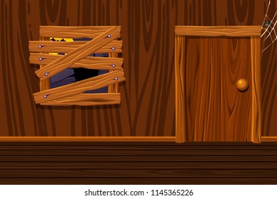 Vector Wooden House, Illustration Interior Room With Old Window And Door