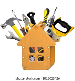 Casa de madera vectorial con herramientas aisladas en fondo blanco