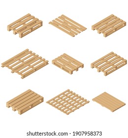 Vector wooden isometric pallet. Isolated on white background. Flat style.