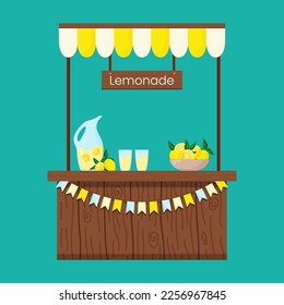 Vector wooden lemonade stand and lemon juice. Outdoors market stall counter tent for sale isolated on white background. Flat illustration