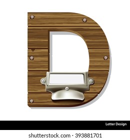 Vector wooden letter D with blank, white label in an old brass label holder filing cabinet drawer.