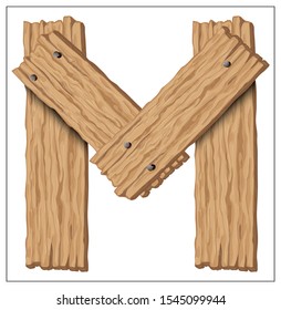 Vector wooden letter M. Stylized font for logo, poster, invitation or clothing design. Isolated elements on a white background.