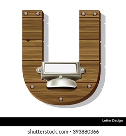 Vector wooden letter U with blank, white label in an old brass label holder filing cabinet drawer.