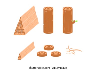 Vector of wooden log, saw ash and cutted wooden log.