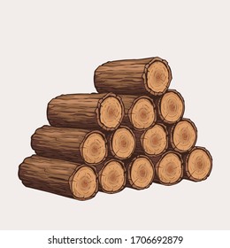 Vector wooden logs. Big stack of logs icon in cartoon style isolated. Sawmill and timber vector illustration.