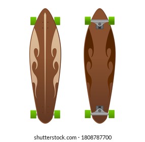 Vector wooden longboard with fire flame design.Vector wooden long board illustration from longboards collection.