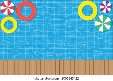 muelle de madera vectorial en la piscina con anillos de goma y bolas en vacaciones