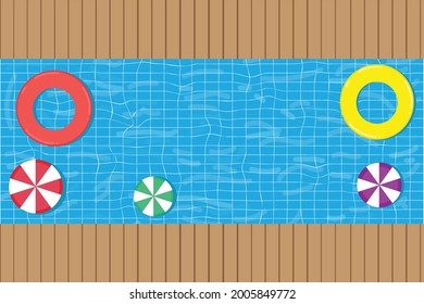 muelle de madera vectorial en la piscina con anillos de goma y bolas en vacaciones