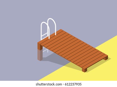 Vector wooden pier with small pool. Brown wharf with ladder steps into swimming pool. Isometric garden project at bathing pond. Oasis in garden of house with swimming area. Natural swimming pond.