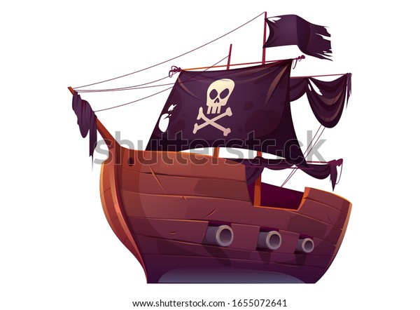 Vector\
wooden pirate boat with black sails. Corsair ship with black flag,\
cannons, skull and crossbones on canvas. Cartoon old wooden ship,\
vintage galleon isolated on white\
background
