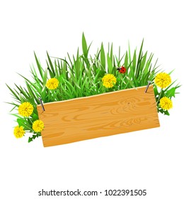 Vector Wooden Plank with Grass isolated on white background