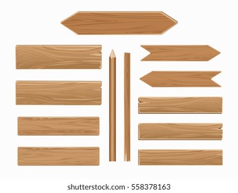 Vector wooden planks isolated on white background. Collection of old texture wood arrow illustration.