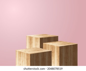 Vector wooden podium presentation mock up, show cosmetic product display stage pedestal background design