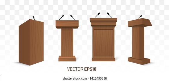 Vector wooden Podium Tribune Rostrum Stand with Microphones Isolated 