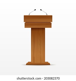 Vector Wooden Podium Tribune Rostrum Stand with Microphones Isolated on White Background
