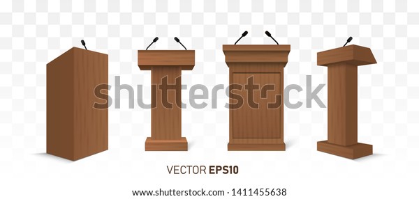 Vector wooden Podium Tribune Rostrum Stand with\
Microphones Isolated 
