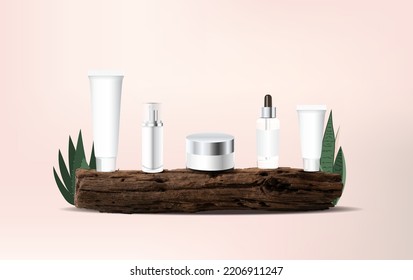 Vector wooden product display podium presentation mock up, with set of cosmetics products on stage pedestal, Log or stump minimal podiums template idea concept design