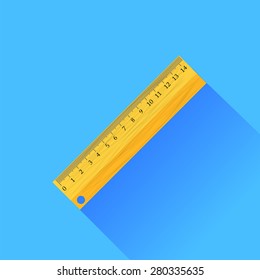 Vector Wooden Ruler Isolated on Blue Background. Long Shadow.