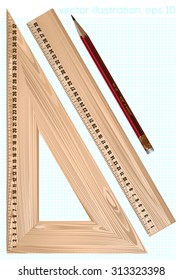 Vector wooden rulers and pencil isolated from white background, vector illustration