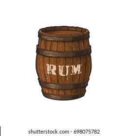 vector wooden rum barrel isolated illustration on a white background. Cartoon oak old keg, alcohol storage. Symbol of pirates, adventure, treasure