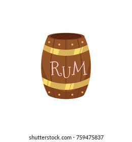 vector wooden rum barrel isolated illustration on a white background. Cartoon oak old keg, alcohol storage. Symbol of pirates, adventure, treasure