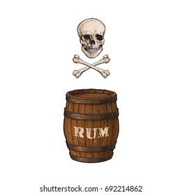 vector wooden rum barrel, skull and cross bones isolated illustration on a white background. Cartoon oak old keg, alcohol storage, jolly roger. Symbol of pirates, adventure, treasure