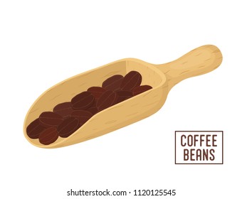 Vector wooden scoop with coffee grains. Shovel of aroma product. Made in cartoon flat style