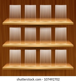 vector wooden shelves with empty glass boxes