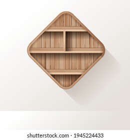 Estantes de madera vectorial se burlan de cubos de estantería vacíos y de diseño cuadrado en el fondo de la pared