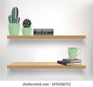 Vector wooden shelves with plants, books and alarm clock. Vector mockup for interior with shelves and light wall