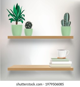 Vector wooden shelves with plants, books and coffee cup. Vector mockup for interior with shelves and light wall. 