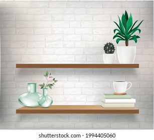 ) Vector wooden shelves with plants and glass retro vase. Vector mockup for interior with shelves and light wall. 