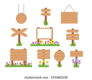 Vector Wooden Sign Board And Pointer In Green Grass And Bright Spring Flowers Set.  Cartoon Old Wood Sign Post, Banners Hanging On Chains And Arrow Isolated On White. Simple Flat Illustration.