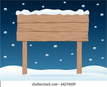 vector wooden signboard in snowy night (Separate layers for easy editing)