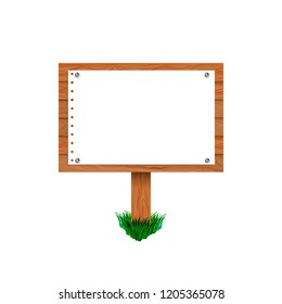 Vector Wooden Signpost, Retro Object, Front View, Design Element with Grass.
