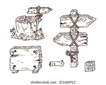 Vector Wooden signposts, arrows - hand drawn doodle set 